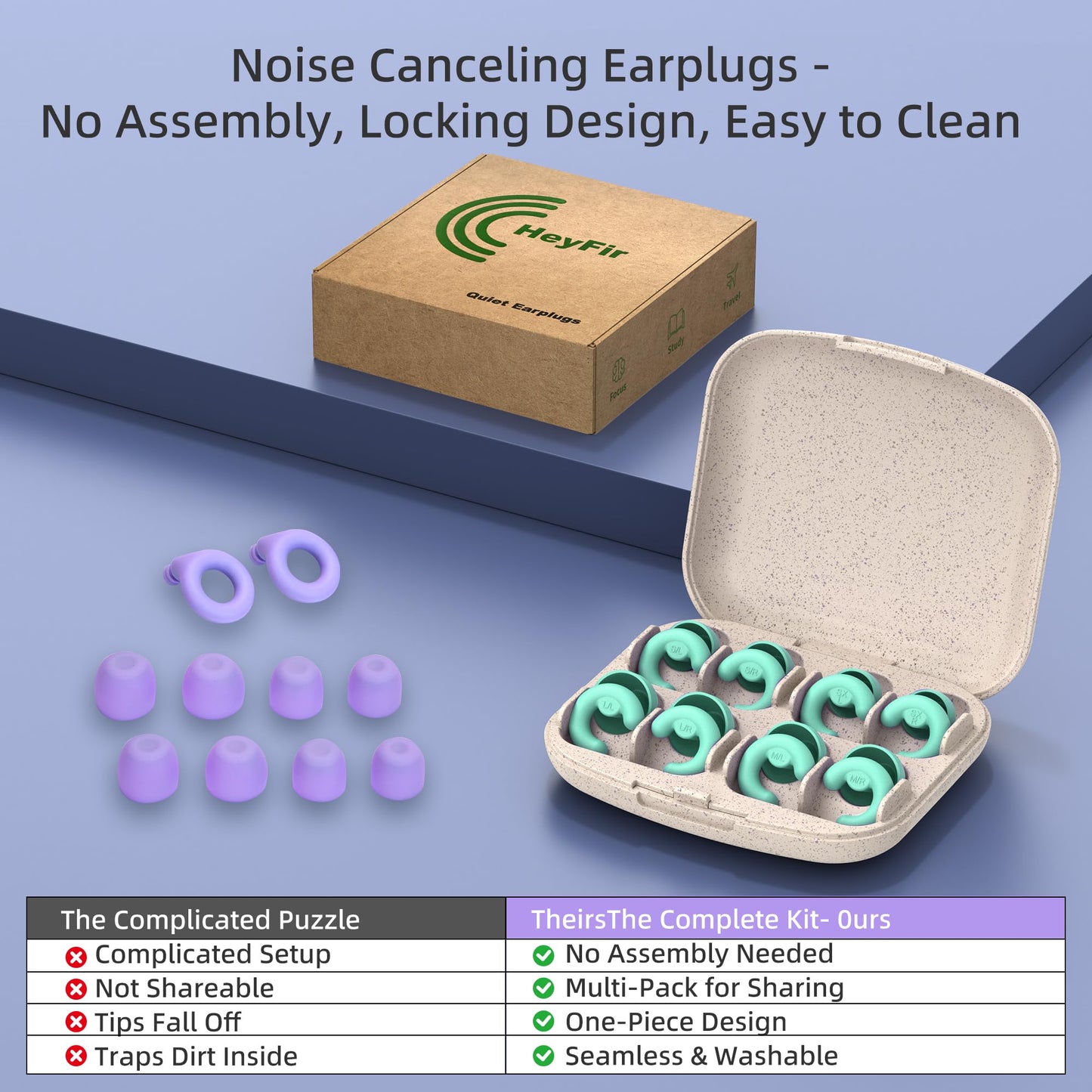 HeyFir Noise Cancelling Ear Plugs for Sleep, Small Ear Fit - No-Pain for Side Sleepers, 50dB NRR Reusable Silicone One-Piece Design, 4 Sizes for Adults & Kids, Portable Case