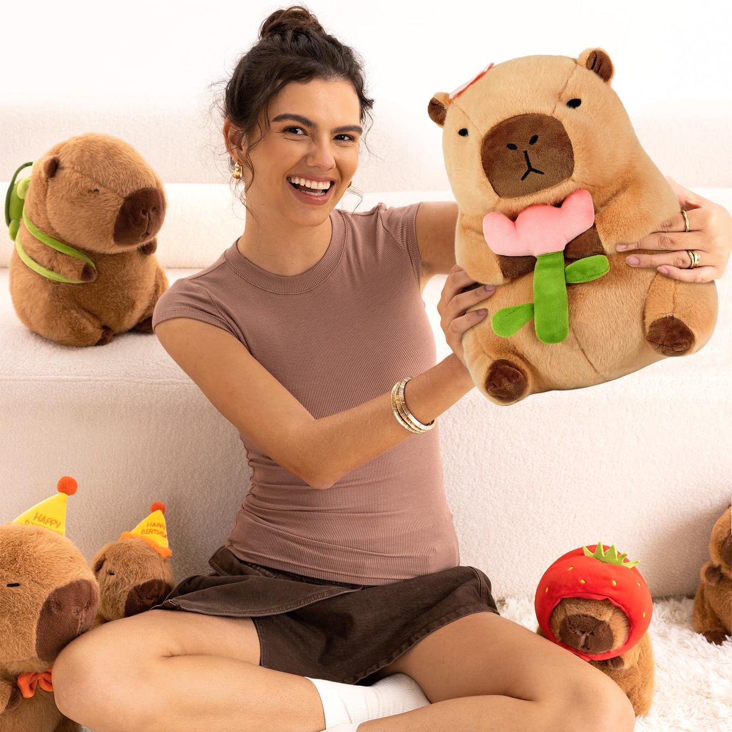 Ditucu Cute Capybara Plush Pillow Holding Tulip Flower Capibara Stuffed Animal Plushies Toys for Mom Kids Girlfriend Brown 11 inch