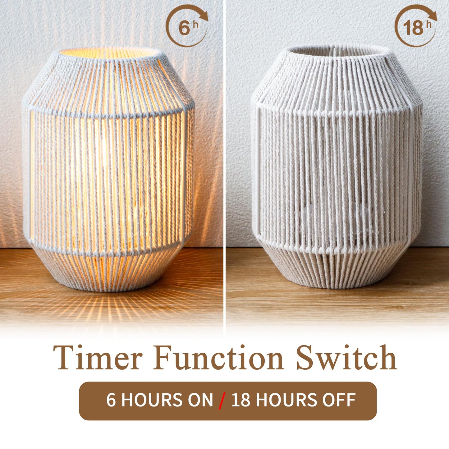 JHY DESIGN Set of 2 Woven Lampshade Table Lamps 8.5" H Cotton Rope Bedside ‌Light‌s Cordless Decorative Battery Operated Lamps with 6 Hours Timer for Bedroom Living Room Weddings Parties Patio