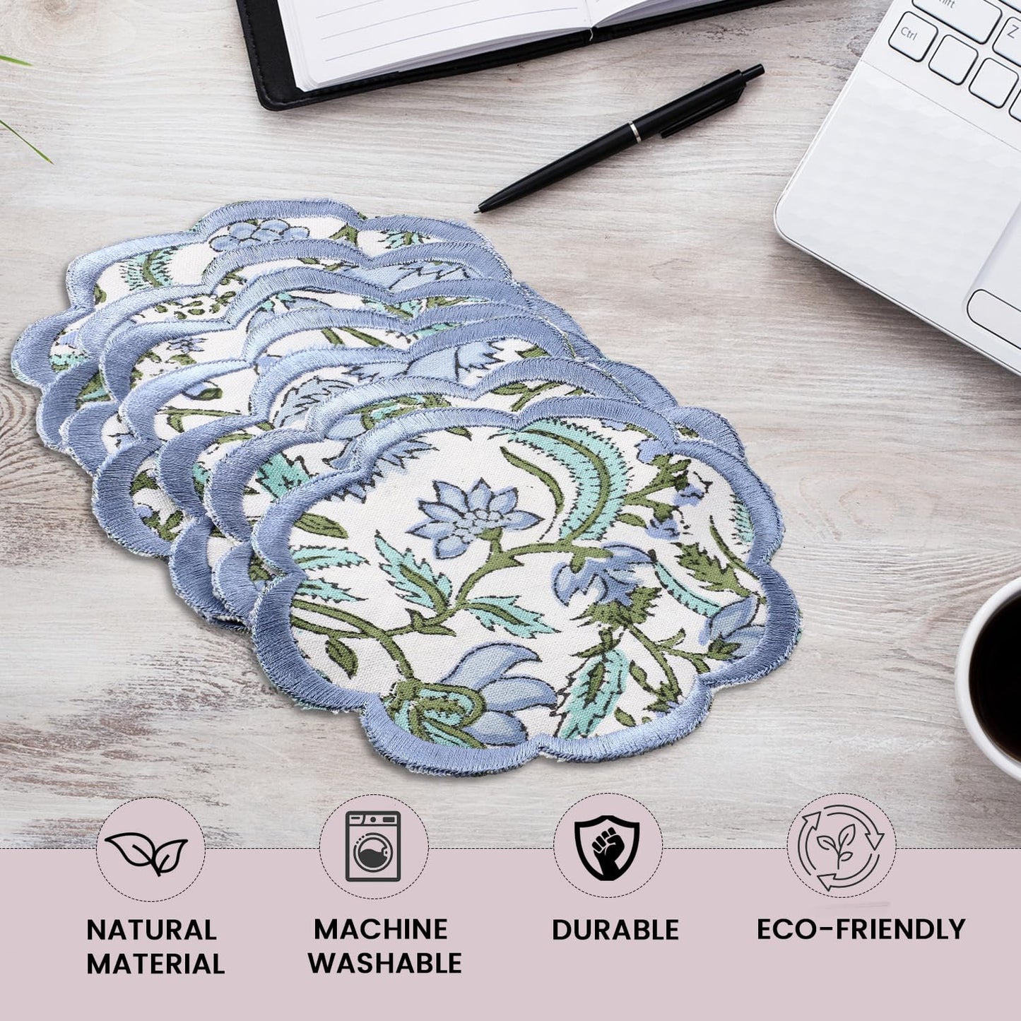 Ridhi Hand Block Print 8- pcs Canvas Cotton Drink Absorbent Stylish Embroidery Scallop Coaster Set Boho Modern Home Decor and Wooden Table Protection 5 inch Columbia Blue