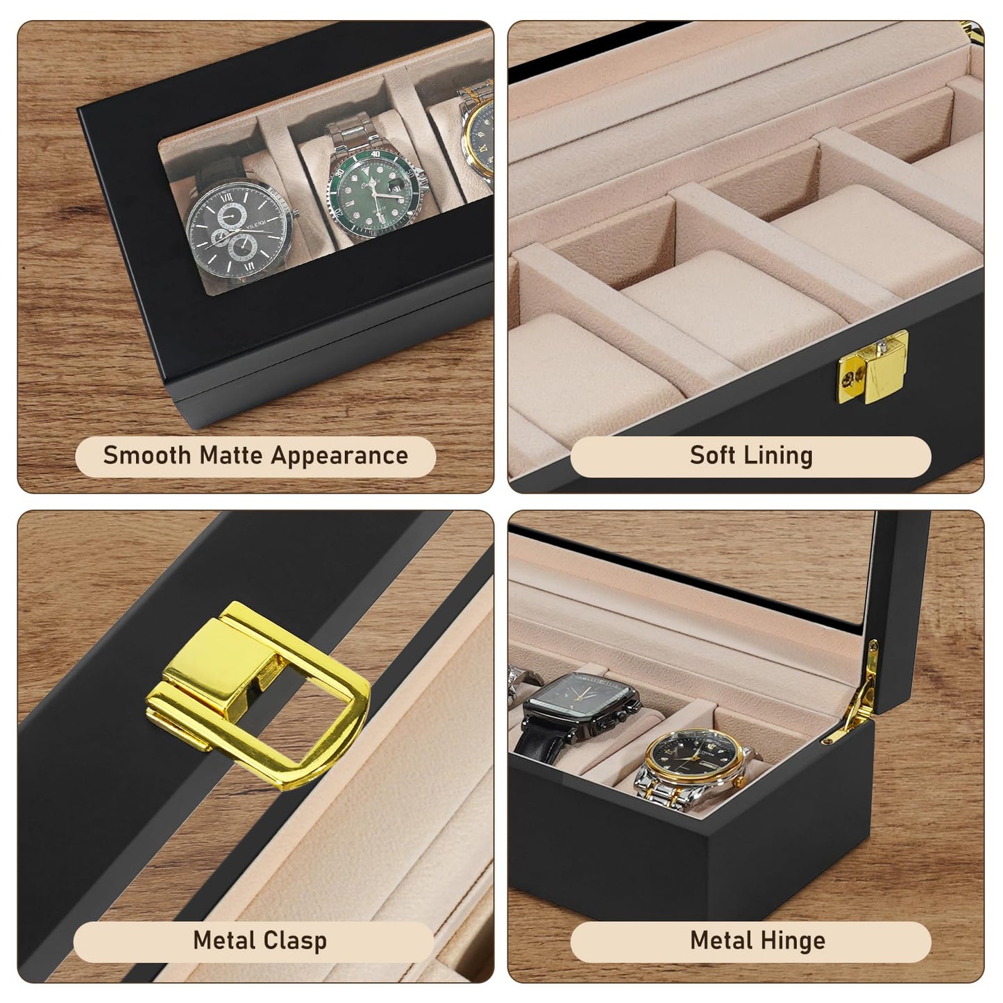 Vockow Wooden Watch Storage Box - 5 Slot Watch Display Case for Men Women | Watch Holder Organizer fit Watches with Dial Size up to 52 mm Black