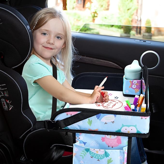 WENRENER Kids Travel Tray, Car Seat Tray for kids Travel, Toddler Road Trip Essentials With Drawing Kit, Toddler Lap Desk Organizer for Car, Carseat Table for Airplane