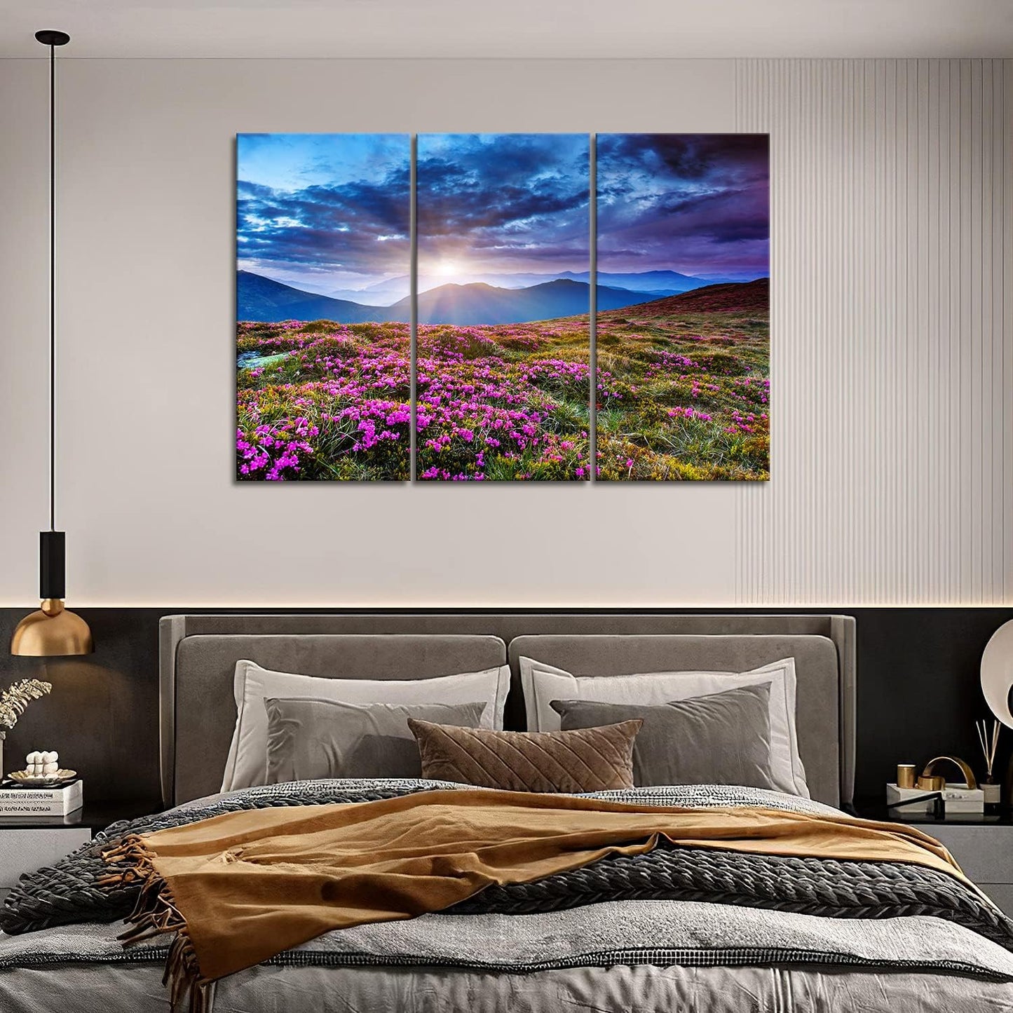 3 Panel Wall Art Mountain Landscape Spring Canvas Sunrise Blue Skyline Purple Flowers Picture Print On Canvas Art for Living Room Kitchen Home Decor