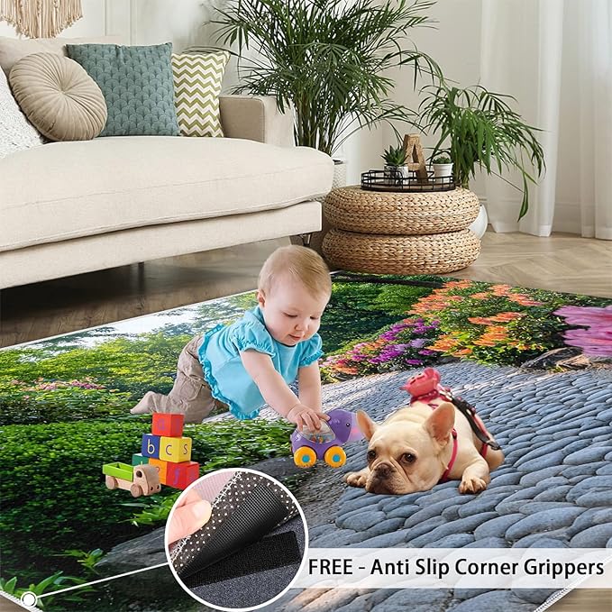 Japanese Gardens Washable Area Rugs 6x9 Non-Slip Garden Art Living Room Rug Eastern Aesthetics Soft for Carpet Low Pile Indoor Door Mat & Room Decor