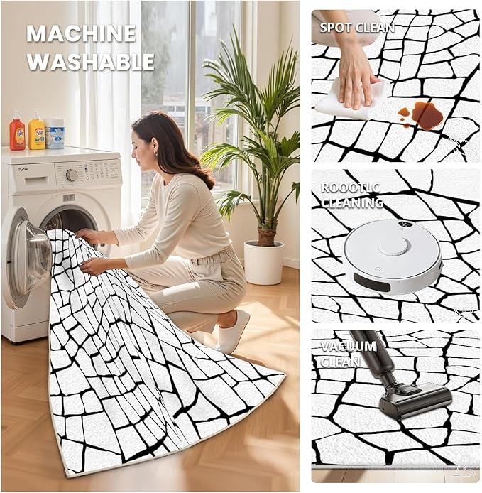 Black and White Area Rug, Abstract Rug 8x10, Contemporary Minimalist Rugs, Geometric Cracks Area Rugs, Modern Geometric Carpet for Living Room, Washable Non Slip Home Decor Mat