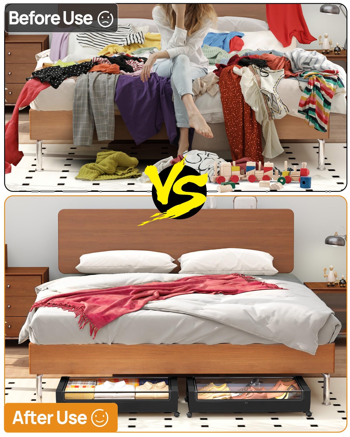 YEEBONIX Under Bed Storage With Wheels, 2 Pack Square Containers, 60L Bins, Rolling Metal Drawer for Clothes, Blankets, Shoes