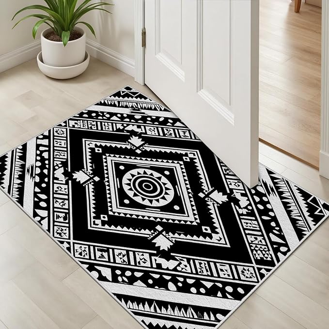 Area Rugs for Living Room 7x10, Moroccan Washable Low Pile Rug, Boho Neutral Farmhouse Ultra Soft Carpet for Bedroom Dining Room Home Decor, Geometric Print Tribal Carpets Black and White