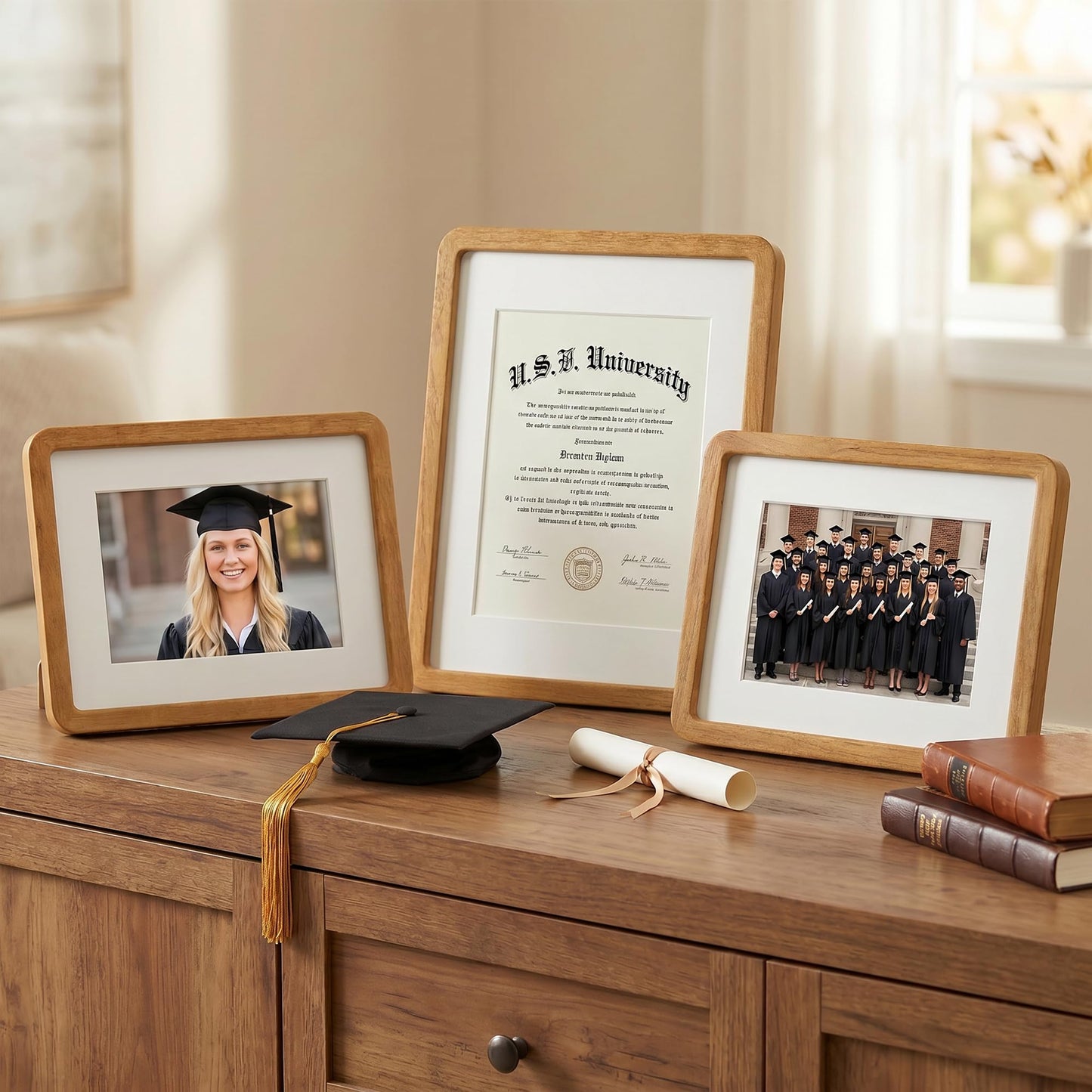 A4 Picture Frame, USA-Sourced Teak Wood Certificated Frame with Chamfered Edge & Double-Dowel Corner, Handcrafted A4 Wooden Frame Matted to A5 with HD Tempered Glass for Wall and Tabletop