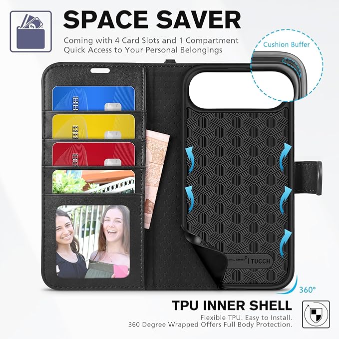 TUCCH Wallet Case for iPhone Air (6.5") 2025, Wrist Strap RFID Blocking 4 Card Slots, Kickstand, Shockproof TPU Shell, PU Leather, Magnetic Closure, Protective Flip Folio Cover, Black