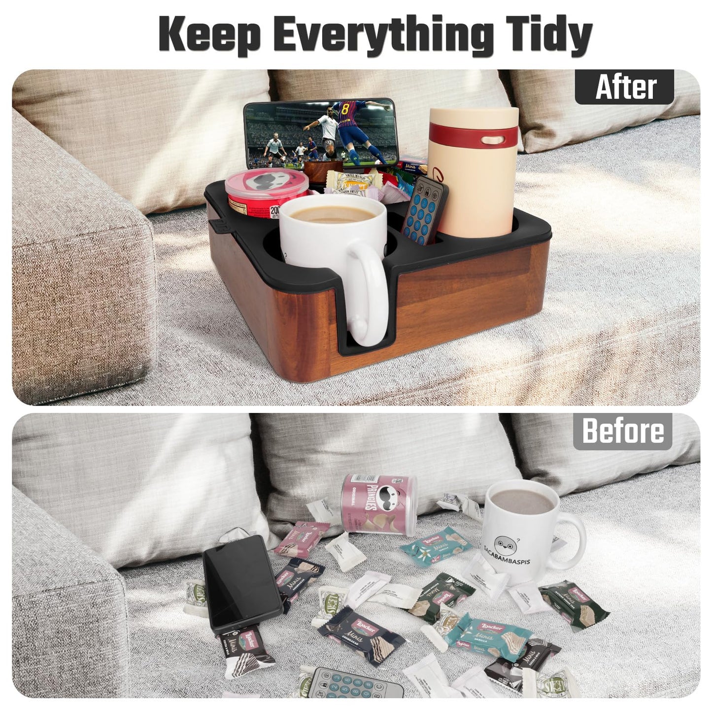 Couch Buddy Couch Cup Holder Tray, Real Acacia Wooden Caddy with Soft Silicone, Snack and Drink Organizer- Perfect Movie Night Accessories for Bed, Remote and Cup Holders for Sofa (Black)