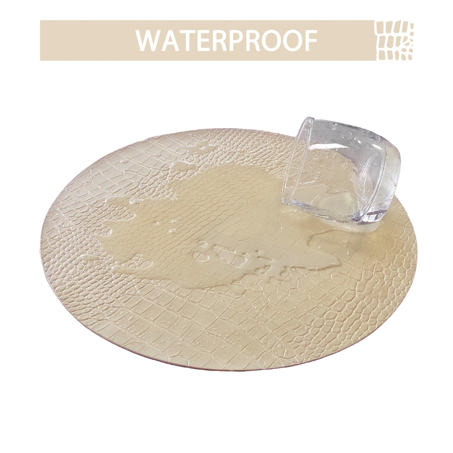 Jovono Round Leather Placemats for Round Tables Set of 8, Beige Place Mats and Coasters, Wipeable Waterproof Heat Resistant Table Mats Easy to Care for Indoor Decor 14 inch Diameter