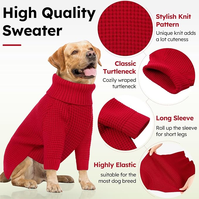 Queenmore Plaid Long Sleeve Knitted Dog Sweater with Check Pattern, Warm for Small Medium Dogs, Red