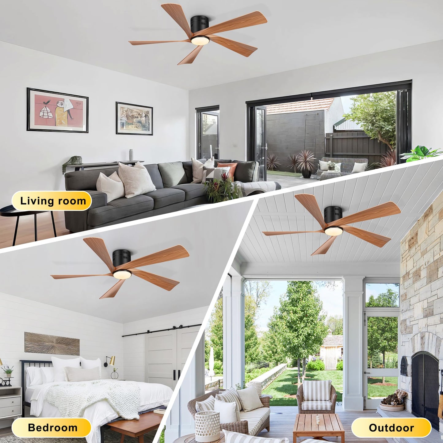Ohniyou 52” Flush Mount Farmhouse Ceiling Fan with Lights, Remote & APP Control Low Profile Indoor Outdoor Ceiling Fans, Dimmable, Quiet DC Motor, Reversible, Black+Wood Color