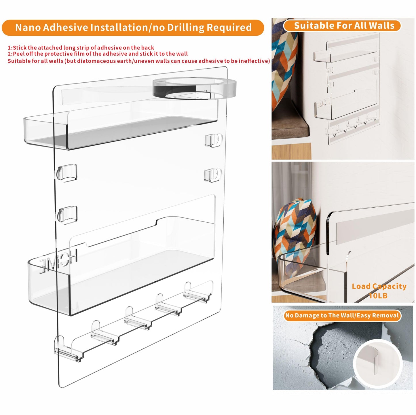 Yieach Bedside Shelf for Dorm Bed,Rv,Small Room and Nightstand,Wall Mounted Floating Shelves and Bedside Wall Organizer for Remote,Phone Holder,Charging Shelf,Cute Bedroom Decor for College Girl,Clear