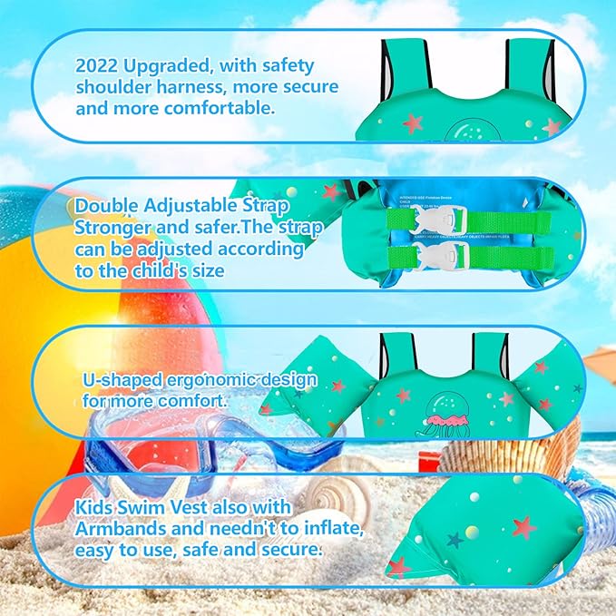 Chriffer Kids Swim Vest Life Jacket for 30-55 Pounds Boys and Girls, Toddler Floaties with Shoulder Harness Arm Wings for 2,3,4,5,6,7 Years Old Baby