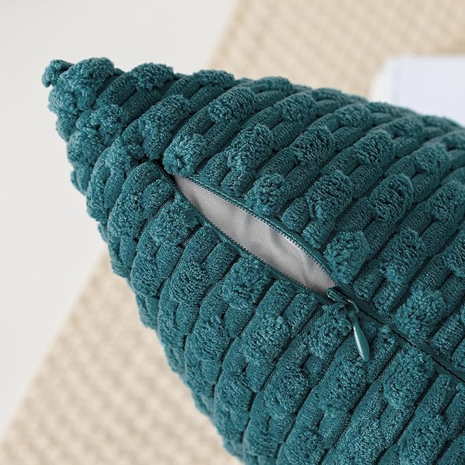 Kevin Textile Throw Pillow Covers Soft Corduroy Decorative Set of 2 Boho Striped Pillow Covers Pillowcases Farmhouse Home Decor for Couch Bed Sofa Living Room 22x22 Inch Teal Blue