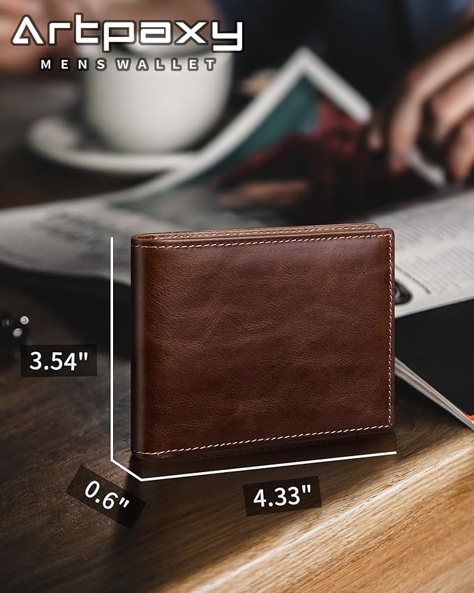 Artpaxy Mens Wallet Genuine Leather Bifold RFID Blocking Wallet for Men with 2 ID Windows 12 Card Holders 2 cash pockets 1 Gift Box