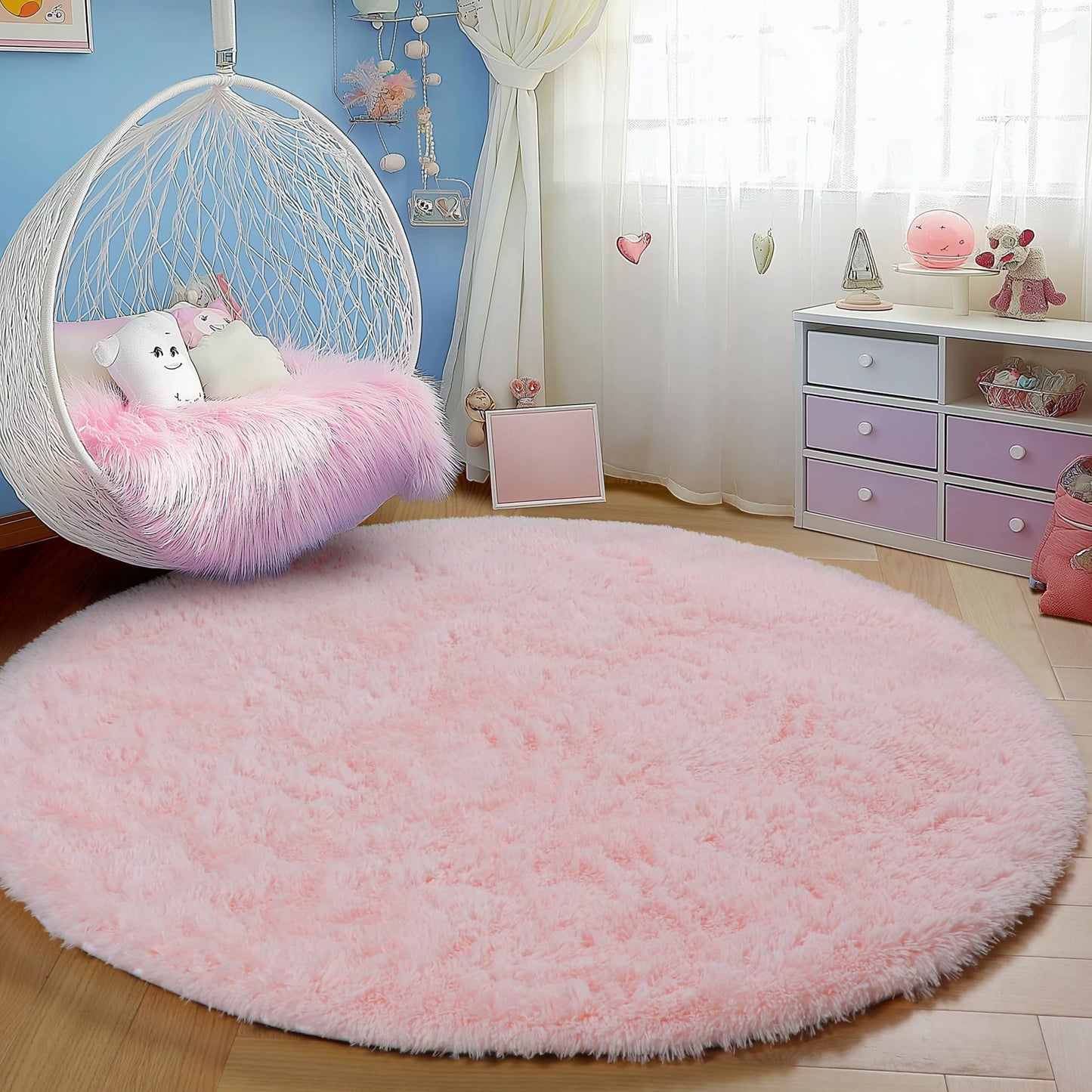 PAGISOFE Pink Round Rug 4Ft for Girls Room Kids Bedroom, Fluffy Shaggy Soft Fuzzy Circle Area Rugs for Girls Bedroom Kids Home Decor Aesthetic, Plush Furry Throw Cute Baby Girl Nursery Room Rug
