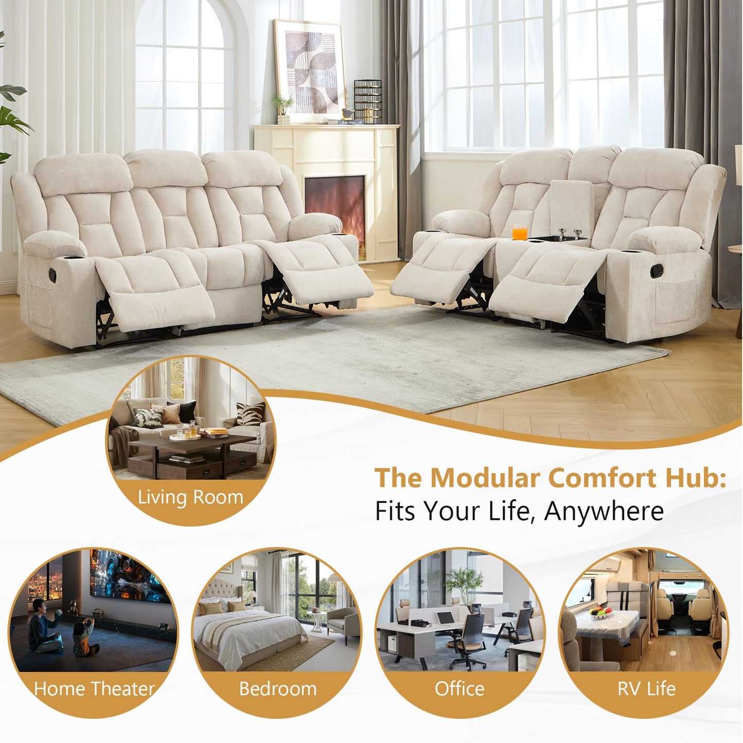 ANJ Manual Recliner Sofa,Chenille Fabric Reclining 3-Seat Living Room Furniture Sets with Cup Holders,Side Pocket,Wall-Hugger Design for Living Room Home Theater Bedroom RV,Beige