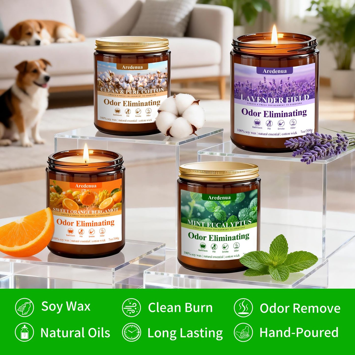 4 Pack Odor Eliminating Candles Set - Eliminates 95% of Pet, Smoke, Food, and Other Smells Quickly - Air Freshing Scent of Lavender/Orange/Mint/Cotton - 28oz Soy Candles for Home Scented, 200 Hours