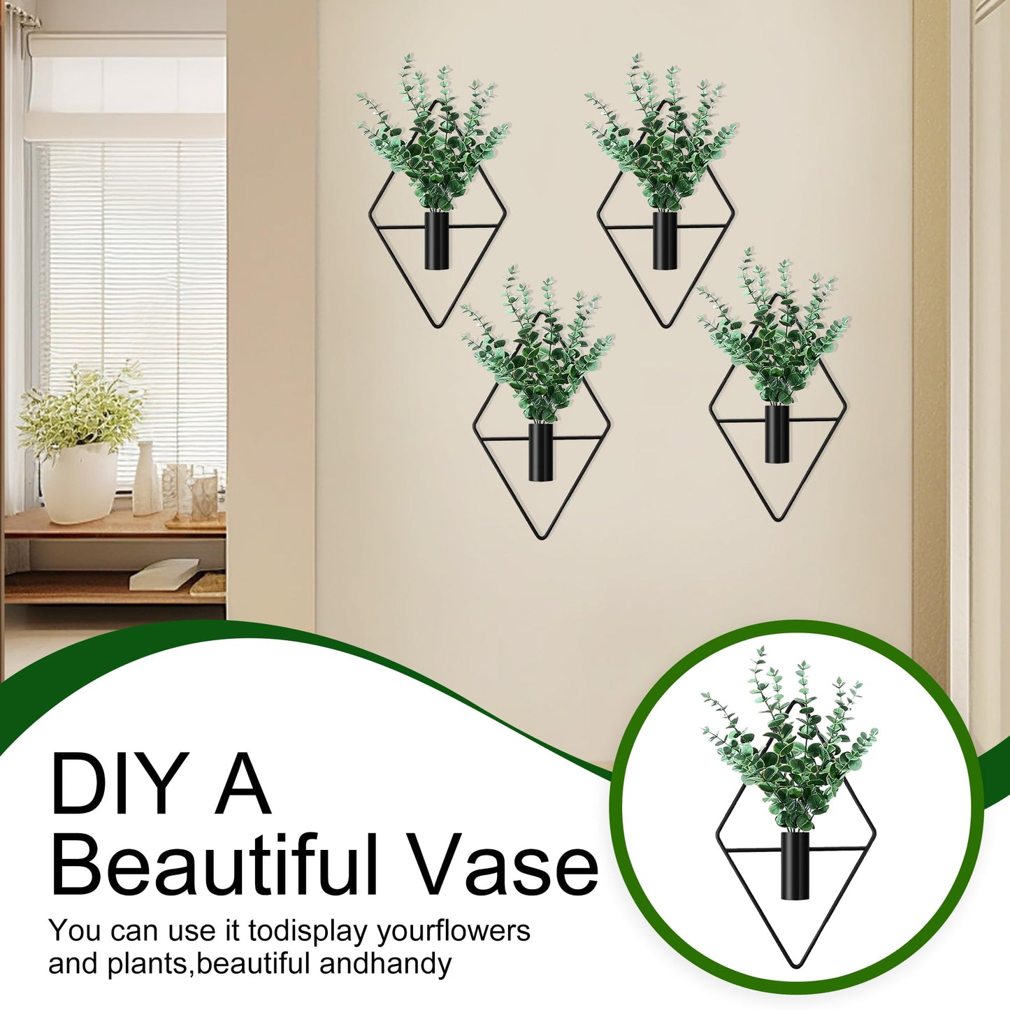 LZRHORR 2 Pack Black Wall Decor Hanging Planters with Artificial Plants Metal Hanging Vase Indoor Plants Holder Modern Boho Wall Art for Bathroom Bedroom Living Room Office (Black, Eucalyptus)