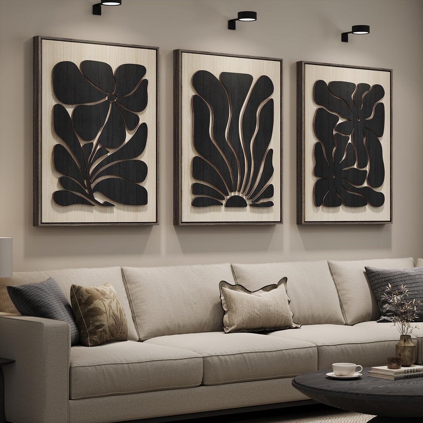 Framed Textured Wood 3D Wall Art for Living Room, Large Boho Floral Black and Beige Artwork for Walls, 3 Piece Abstract Bohemian Flower Wood 3D Art for Office Bedroom Hallway Wall decor, 24x36 Inch
