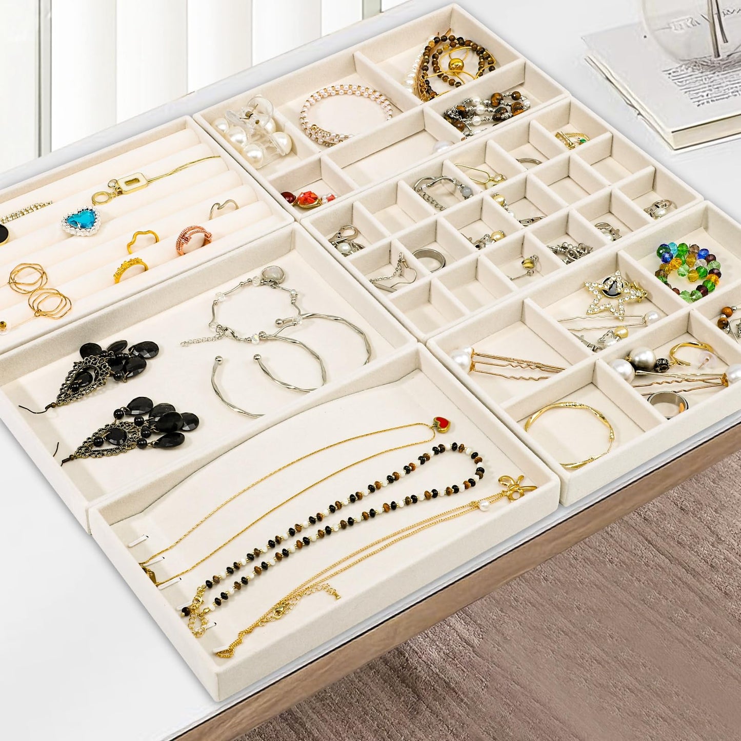 Dntorx Stackable Jewelry Organizer Trays, 6 Set of Velvet Jewelry Drawer Insert Sets Organizer Trays Jewelry Display Case Storage with Removable Dividers for Earring Necklace Rings Bracelet（Beige）