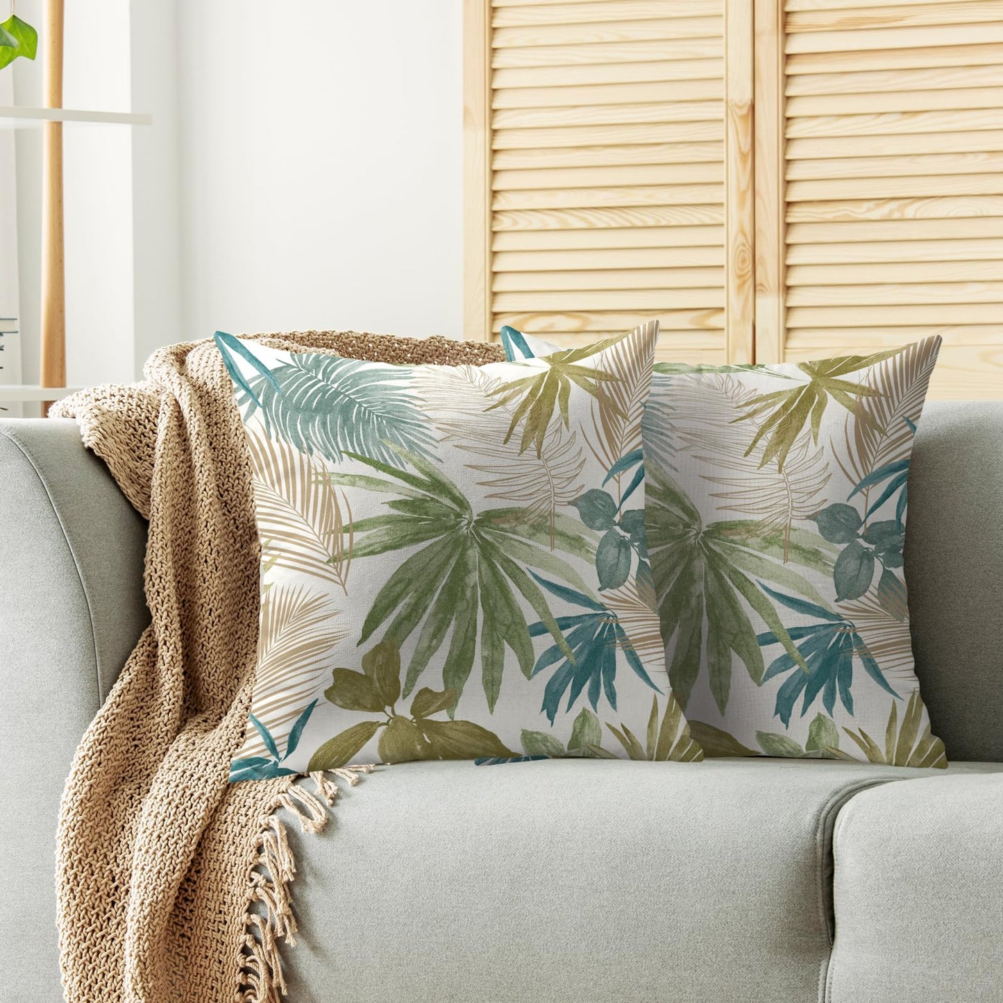 Smozenith Tropical Pillow Covers 18X18 Set of 2, Green Blue Teal Brown Palm Leaf Summer Print Decorative Throw Pillowcases Outdoor Farmhouse Seasonal Cushion Cases Couch Sofa Bed Decor