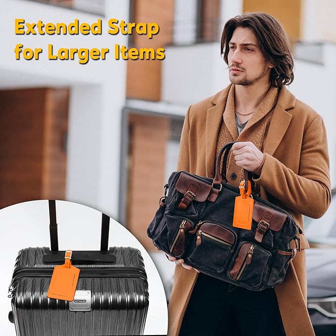 Travelambo 12 Pack Luggage Tags Faux Leather for Suitcases Travel Bag Labels with Protection Cover ID (Orange)