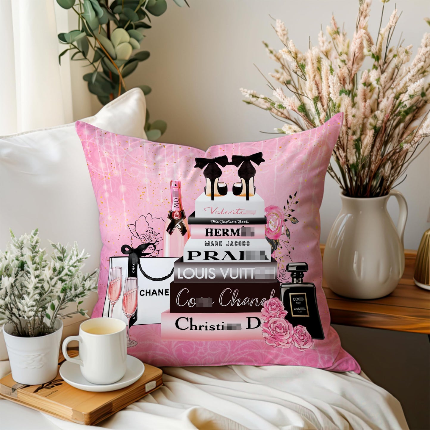 Bkyedsa Fashion Throw Pillow Covers Pink Floral High Heels Decorative Pillow Cases for Women 18x18 Inch for Couch Bed Bedroom Decor Square Velvet Throw Pillow Cover