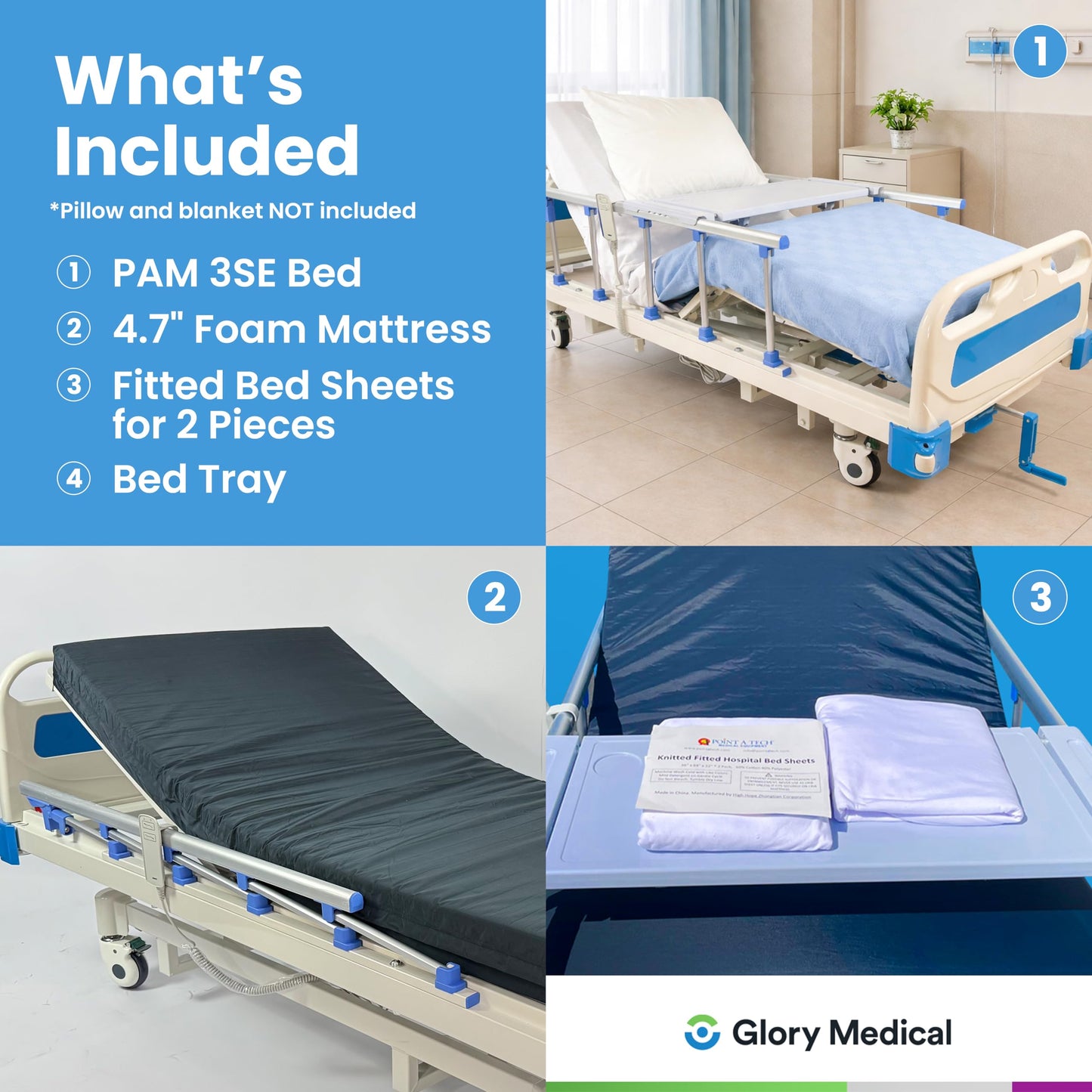 GloryMEQ Point A Tech PAM‑3SE Semi‑Electric Hospital Bed – 3‑Function Adjustable Home‑Care Bed with Remote, Safety Rails, Locking Casters, Foam Mattress, Bed Tray & 2 Sheets