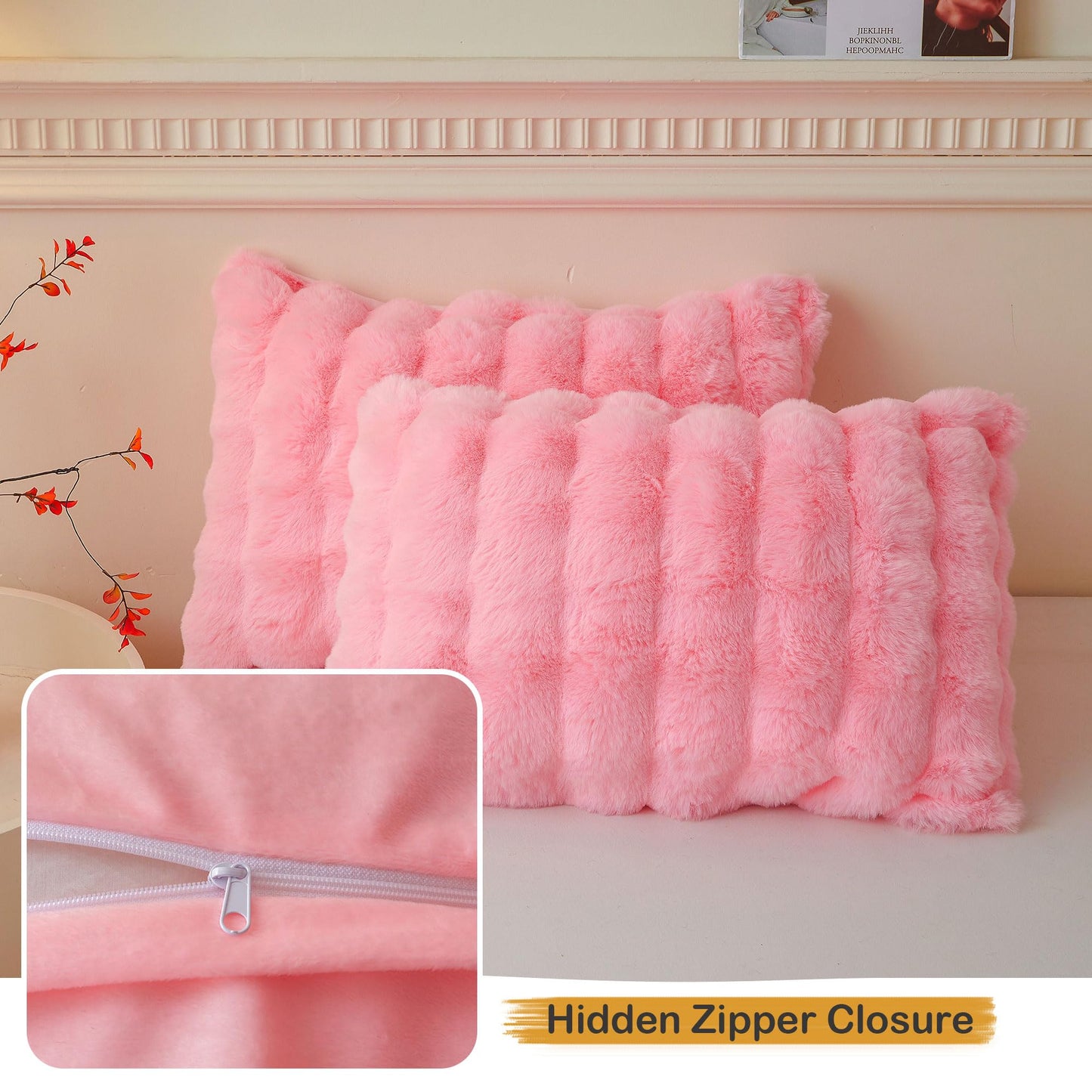 LIFEREVO Pack of 2 Fluffy Faux Rabbit Fur Pillowcases, Elegant Cute Plush Shaggy Bubble Bed Pillow Cases Standard Size with Zipper Closure, Home Decorative Furry Fuzzy Long Pillow Shams 20x26, Pink