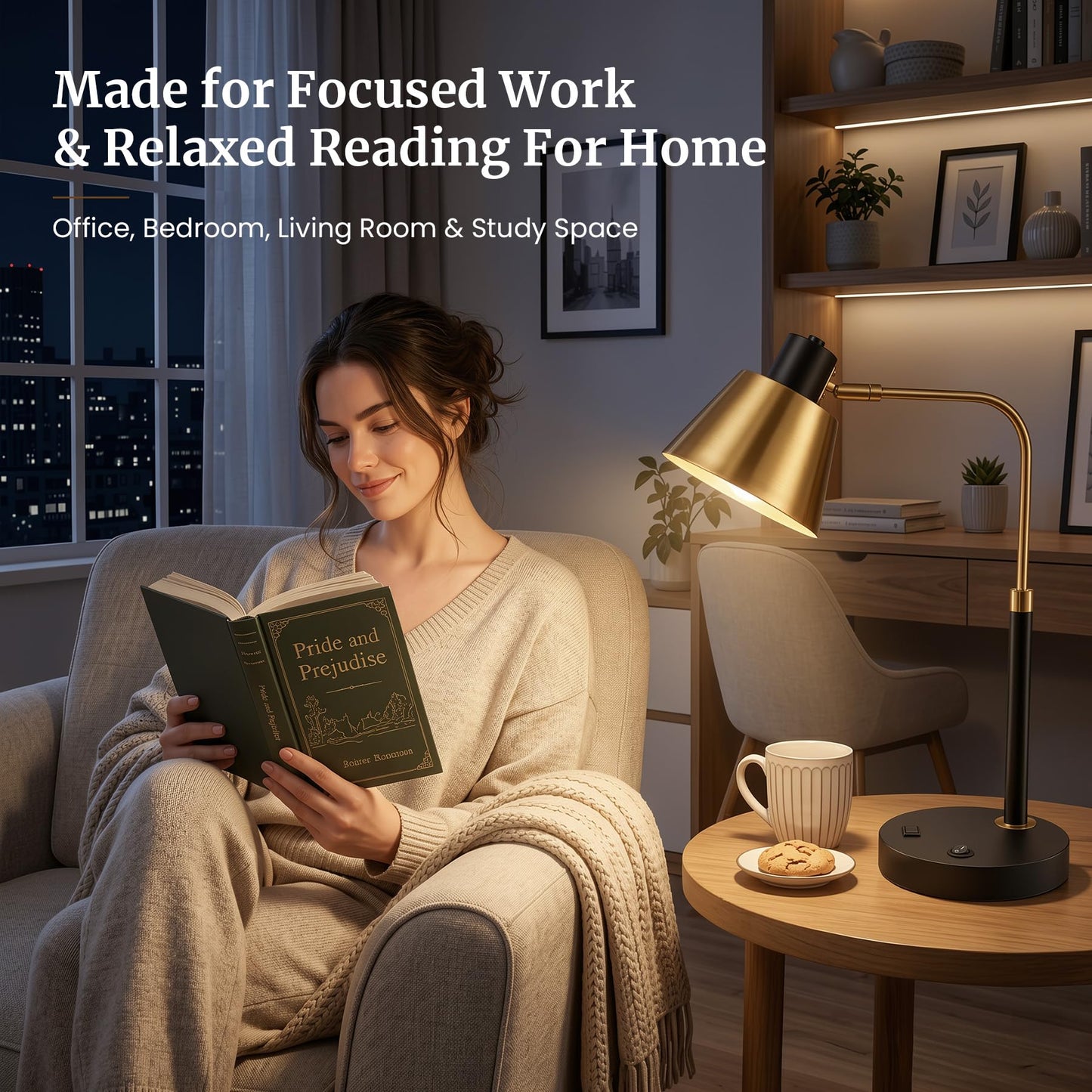 TimberAura Desk Lamp with USB-C, USB-A and AC Outlet, Adjustable E26 Table Lamp for Home Office and Bedside Reading, Matte Black and Brushed Brass-Look, Bulb Not Included
