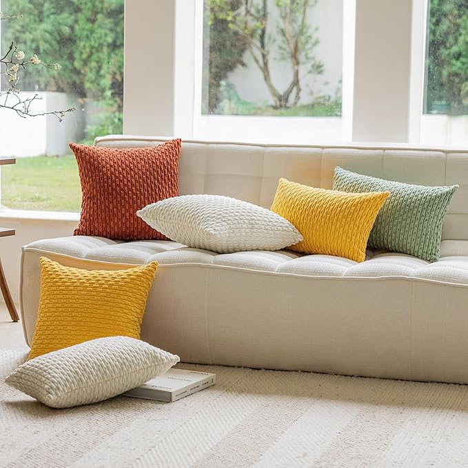 Kevin Textile Pack of 2 Velvet Pillow Covers Striped Throw Cushion Case Set Accent Corduroy Lumbar Pillowcases with Hidden Zipper for Home Decor Indoor Outdoor (12x20 Inch Yellow)