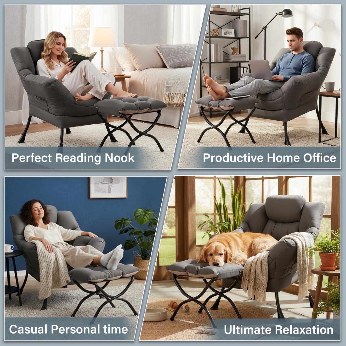 Givjoy Lazy Chair with Ottoman, Large Dark Grey Accent Chair with a Side Pocket, Modern Leisure Upholstered Sofa Reading Armchair with Footrest for Office, Bedroom, Living Room, Dorm Rooms, Balcony