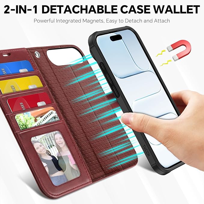 TUCCH Detachable Case Wallet for iPhone Air (6.5") 2025, Wrist Strap | 4 Card Holders RFID Blocking | Wireless Charging | Stand | 2-in-1 Magnetic | PU Leather | Shockproof Folio Cover | Dark Red
