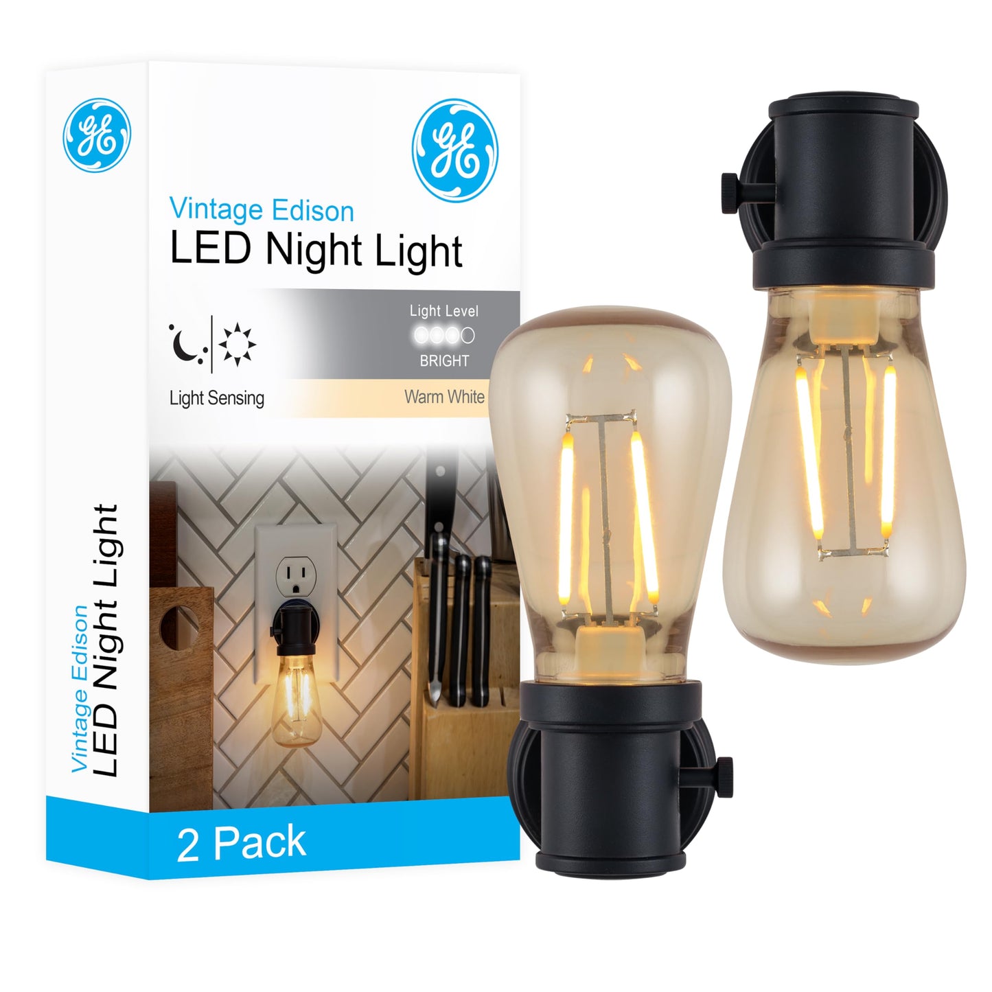 GE Vintage LED Edison Night Lights Plug Into Wall, 2-Pack, Dusk to Dawn Auto Sensor, Warm White, Adjustable Brightness Plug in Nightlight with Manual On/Off/High/Low Switch, Perfect for Adults
