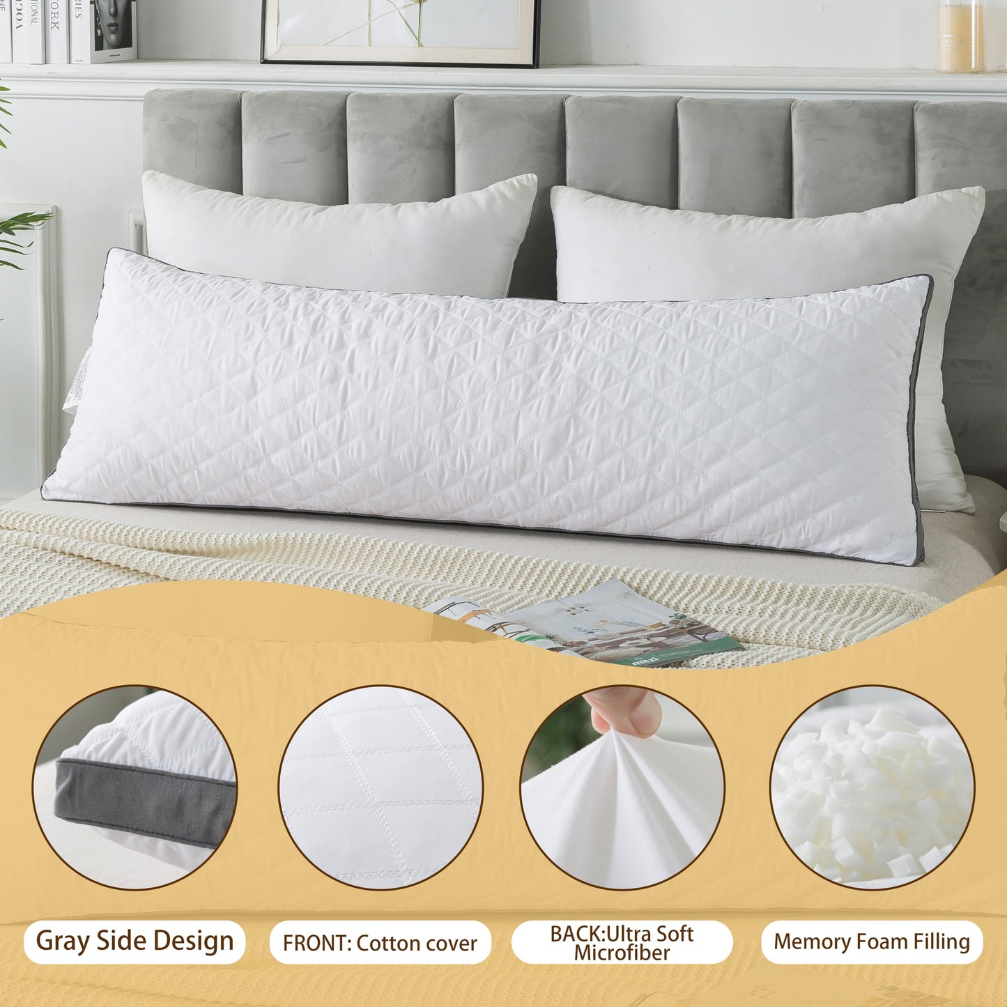WhatsBedding Memory Foam Body Pillow with Removable Pillowcase-Fluffy Body Pillows for Adults -Large Long Bed Pillows for Sleeping - 20x54 inch, White