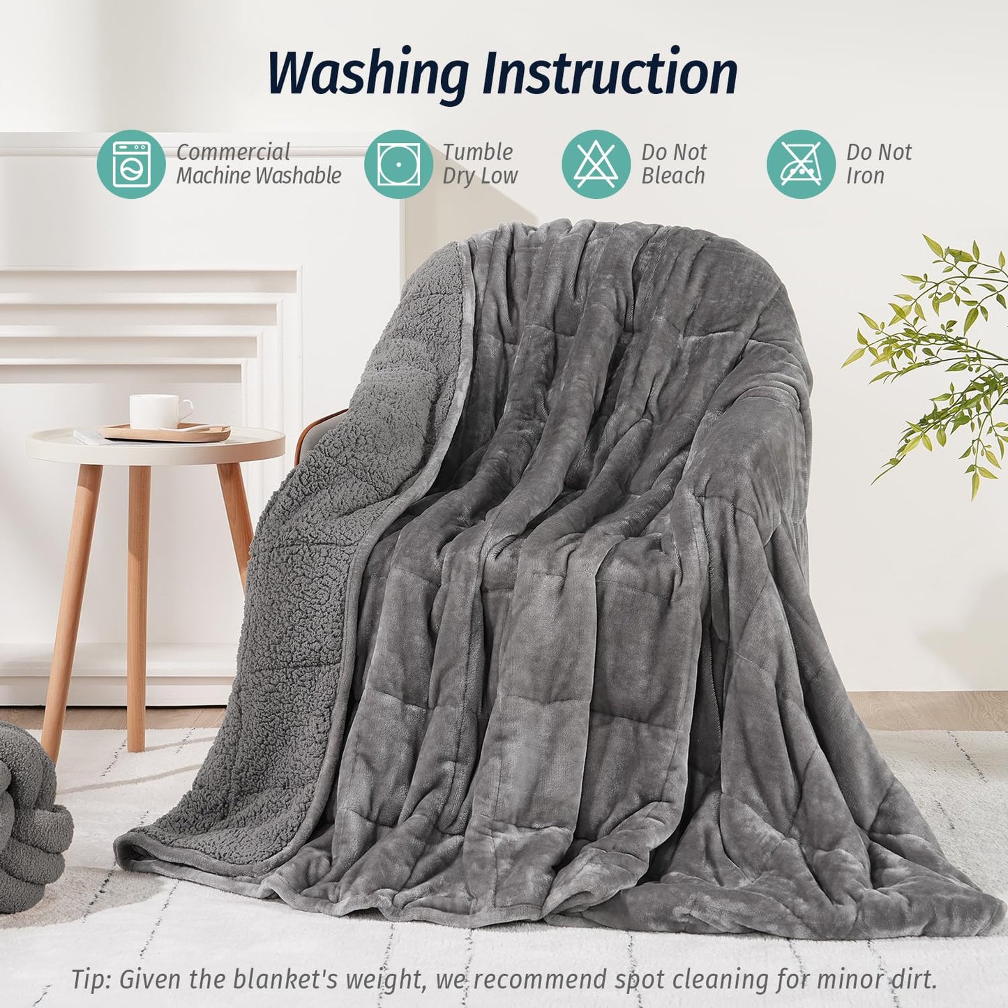 Wemore Sherpa Fleece Weighted Blanket for Adult, 15 lbs Dual Sided Cozy Fluffy Heavy Blanket, Ultra Fuzzy Throw Blanket with Soft Plush Flannel Top, 48 x 72 inches, Grey on Both Sides