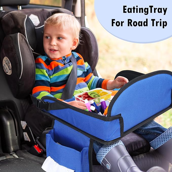 WENRENER Kids Travel Tray for Airplane - Toddler Car Seat Table Tray, Road Trip Essentials for Boys & Girls, Carseat Lap Desk for Kids Road Trip Activities(Navy Blue)