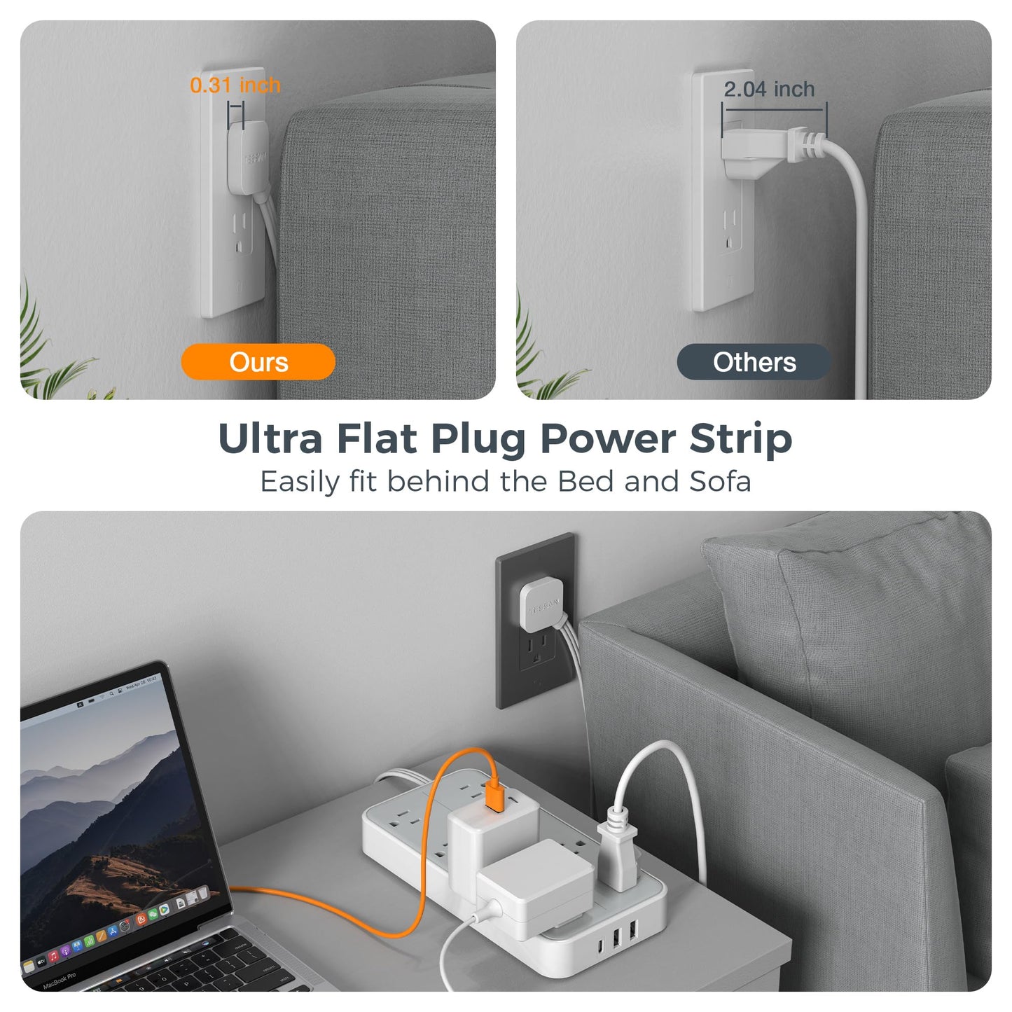 TESSAN Power Strip Surge Protector, Flat Plug Extension Cord with 8 Outlets 3 USB Charger(1 USB C), 1080 Joules Protection, Wall Mountable Charging Station for Home Office School Dorm Room Essentials