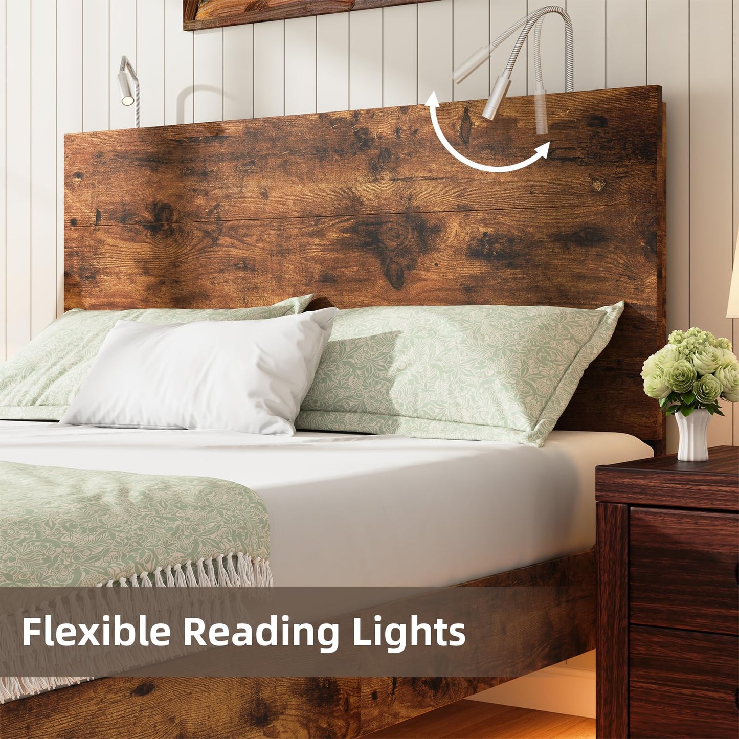 BarnFurin Floating Bed Frame Full with Led Lights, Wooden Bed Frame with Reading Light Headboard, Heavy Duty Metal Slats, No Box Spring Needed, Easy Assembly, Rustic Brown