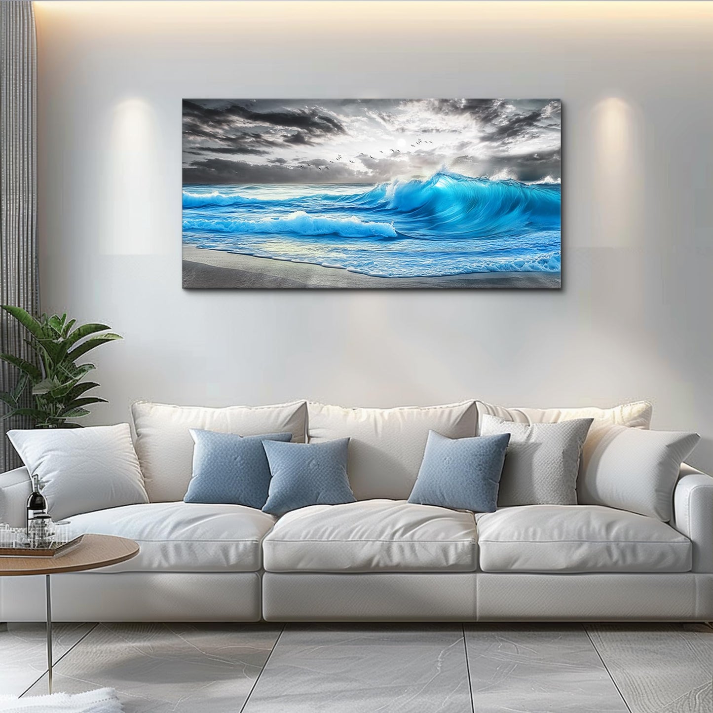 PHAOHUAXM Large Canvas Beach Wall Pictures Wall Decor For Living Room Wall Art For Bedroom Office Decorations Blue Sea Wave Ocean Painting Printing Artworks Modern Restaurant Home Decor 20x40 In
