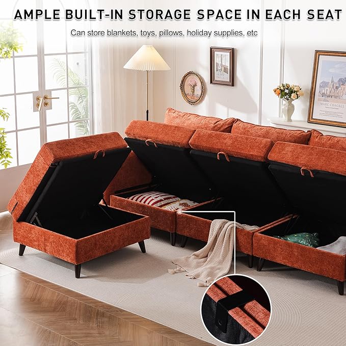 73'' Loveseat Sofa with Seats Storage, Modular Sectional Sofa with Movable Ottoman,Oversized Comfy Couches with Deep Seat,7.8'' Cushion,Couch for Living Room,Bedroom,Chenille,Orange