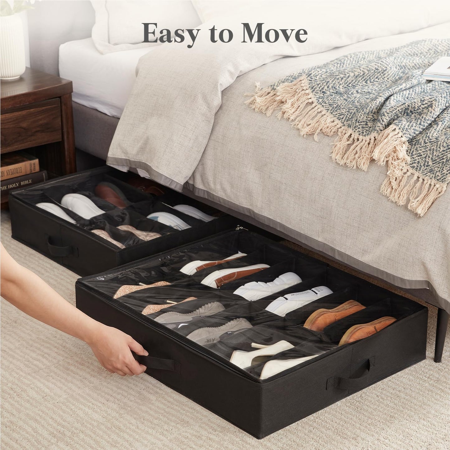 Lifewit Under Bed Shoe Storage Organizer 2 Pack(14 Shoes Cells), 4.3 Inches Profile Fabric Shoes Container Box with Clear Cover, Foldable Storage Bag with 2 Handles, Fits 14 to 28 Pairs