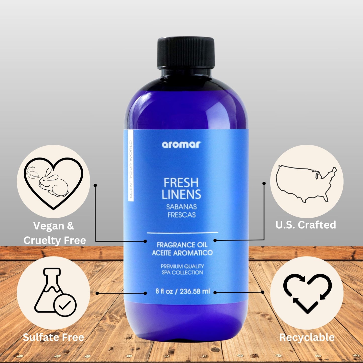 AROMAR Premium Fragrance Oil, Long-Lasting, Refreshing Uplifting Aroma for Aromatherapy, Relaxation & Household Uses. Fresh Linens 8oz