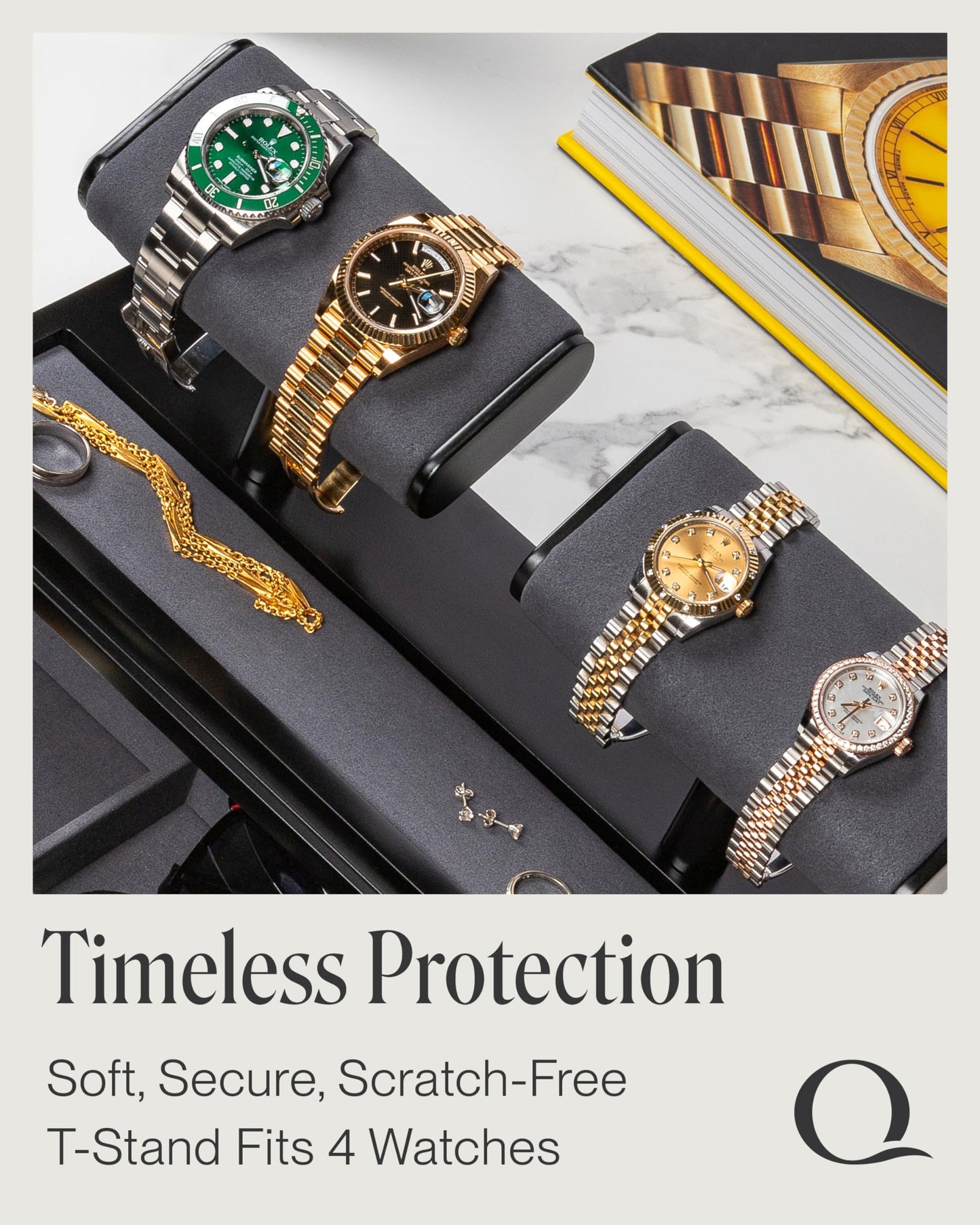QWATCH Watch Stand Display Case - Acrylic Watch Box for 2 or 4 Watches with Jewelry Valet Tray and Drawer