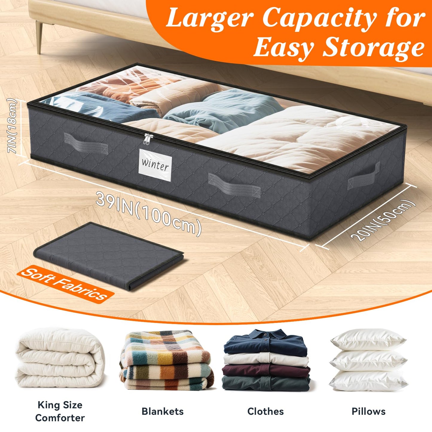 SpaceWhisper 90L Under Bed Storage Containers, 4-Pack Storage Bins with Clear Top, Foldable Closet Organizers and Storage with Label Holder for Clothing, Blankets, Comforter & Pillows (Grey)