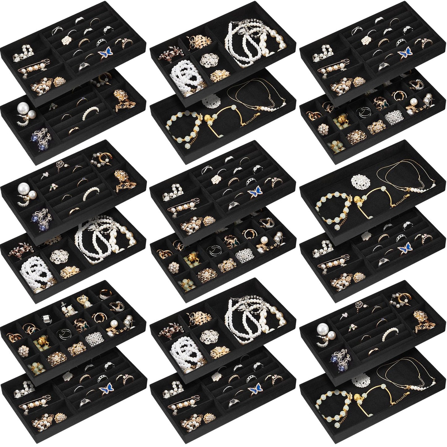 Junkin 18 Pcs Velvet Jewelry Tray, Stackable Jewelry Organizer Trays for Drawer, Jewellery Box Divided Display Tray, Jewelry Inserts for Drawer for Rings Earring Bangle Necklaces(Black)