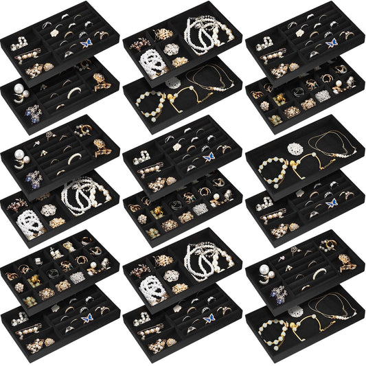 Junkin 18 Pcs Velvet Jewelry Tray, Stackable Jewelry Organizer Trays for Drawer, Jewellery Box Divided Display Tray, Jewelry Inserts for Drawer for Rings Earring Bangle Necklaces(Black)